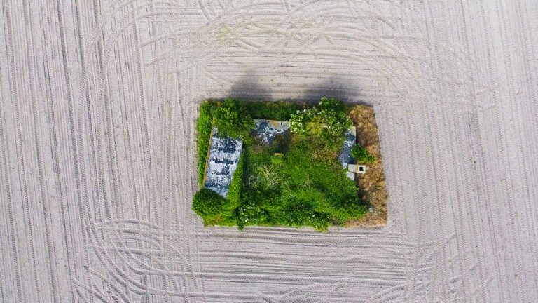 Ancien blockhaus dans un champ